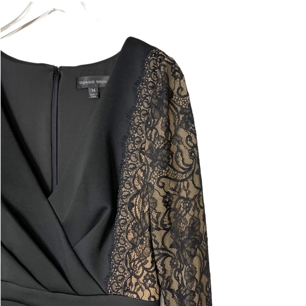 Tadashi Shoji Faux Wrap Lace Dress in Black/Nude - Picture 9 of 13
